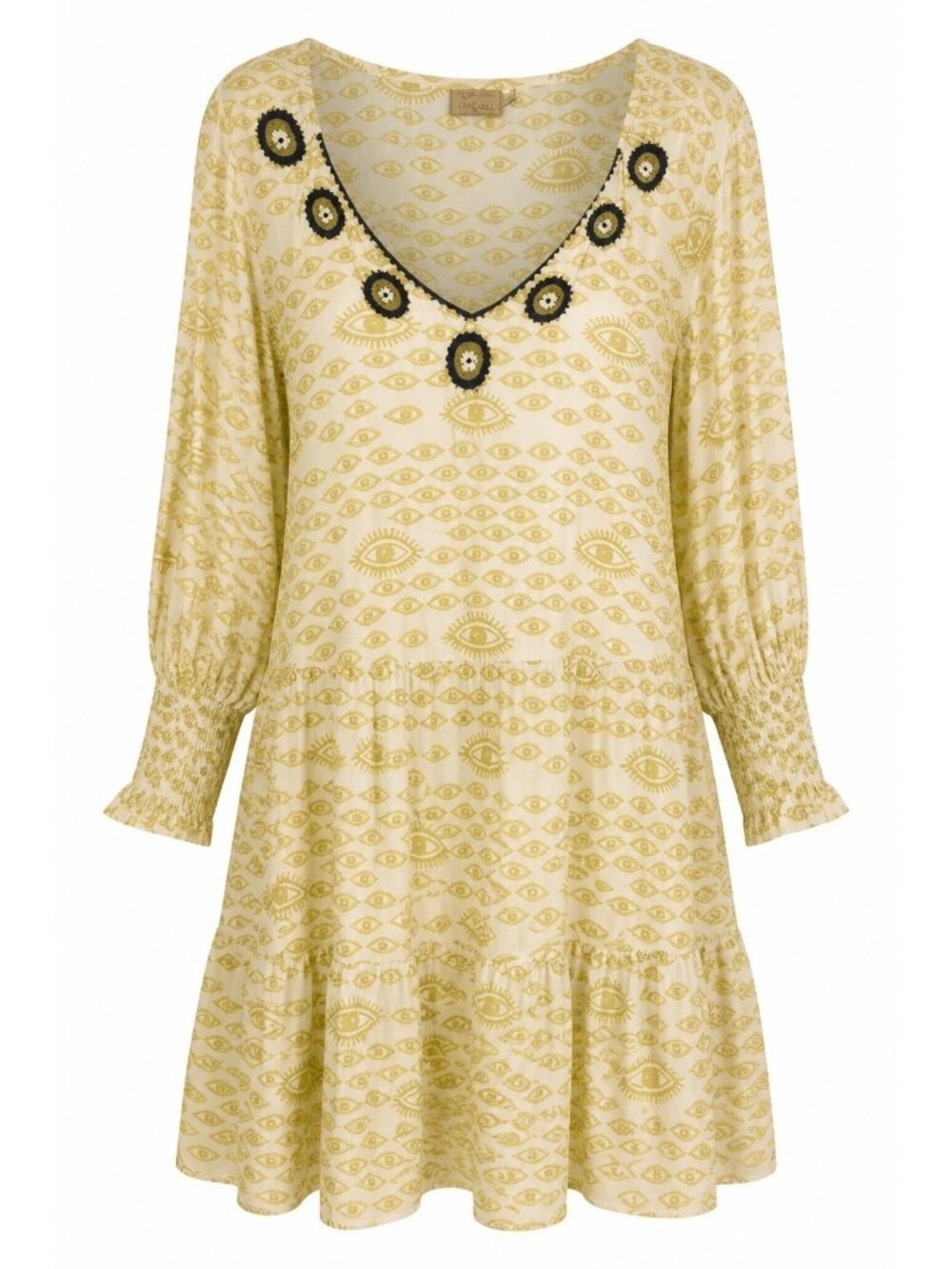 Skemo Beaded Kaftan Tunic Dress Evil Eye Print Long Sleeve Midi XL Tiered White